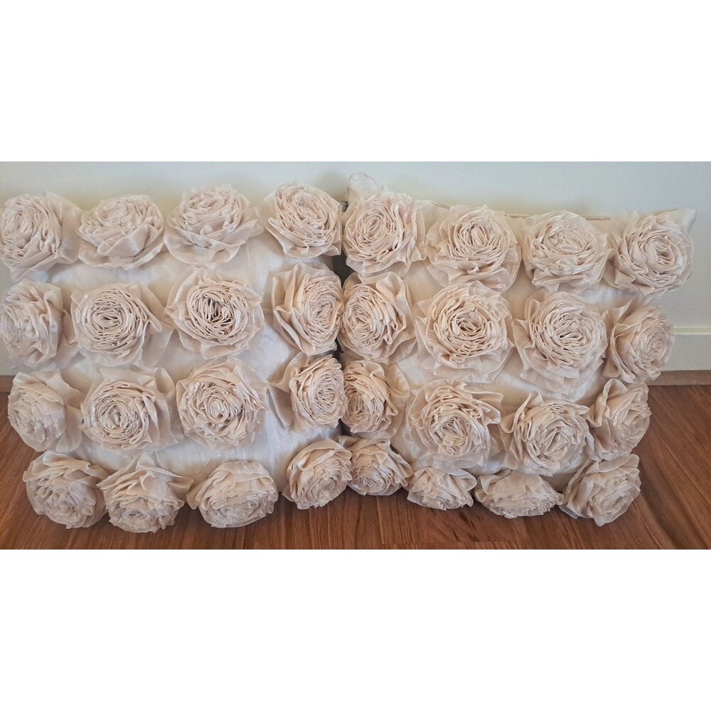 Thro by Marlo Lorenz Throw Pillows Pair of 2 Beige Rosettes Raised 3D Roses